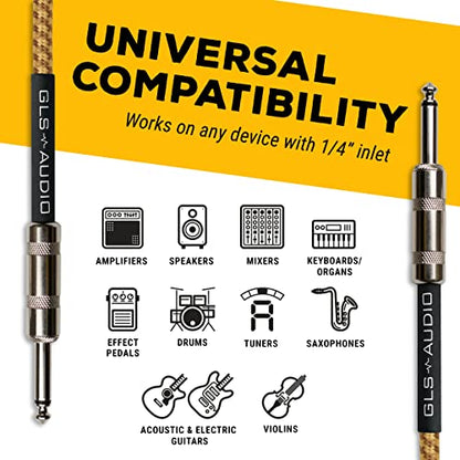 GLS Audio Instrument Cable - 1/4 Inch TS to 1/4 Inch Instrument Cable for Bass/Electric Guitar- Brown/Yellow Braided Tweed, 15ft - color: Brown/Yellow, size: 15ft