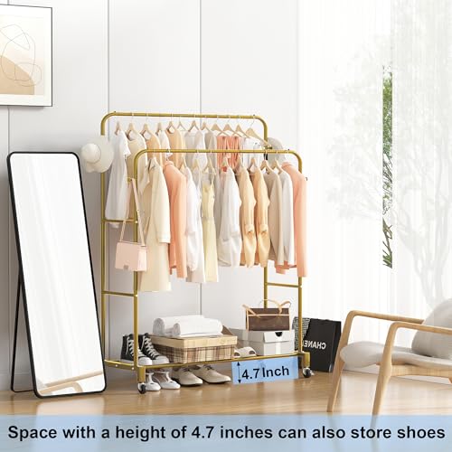 Sooyee Double Rod Clothing Rack with Wheels,3 Tier Garment Racks for Hanging Clothes,Portable Clothes Rack with 4 Hooks for Bedroom,Laundry Room,Gold - color: Gold
