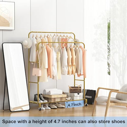 Sooyee Double Rod Clothing Rack with Wheels,3 Tier Garment Racks for Hanging Clothes,Portable Clothes Rack with 4 Hooks for Bedroom,Laundry Room,Gold - color: Gold