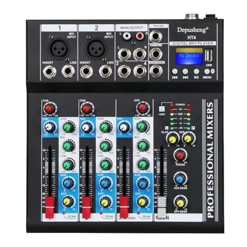 Depusheng HT4 Bluetooth Compatible Professional Portable Digital DJ Console w/USB 4 Channel Mixer Audio Interface-Mixing Boards For Studio Recording, Black - size: 4-Channel Mixer