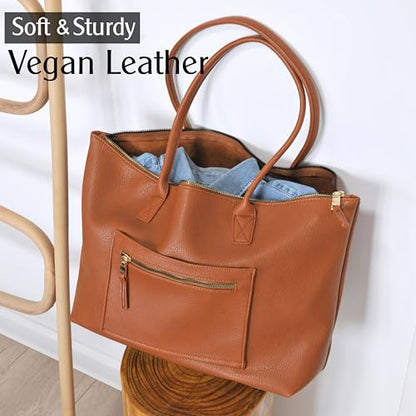HOXIS Tote Bag for Women with Zipper Vegan Leather Handbag with Trolley Sleeve Travel Weekender Carryall Bag - color: Orange-brown