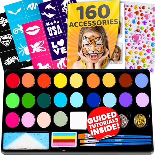 Blue Squid Face Painting Kit for Kids - 28 Color Face Paint Kit Palette with 160pc accessories Stencils, Water Activated Non Toxic Washable Professional Facepaint body set Halloween Party Makeup - color: 28 Color Face Paint Kit