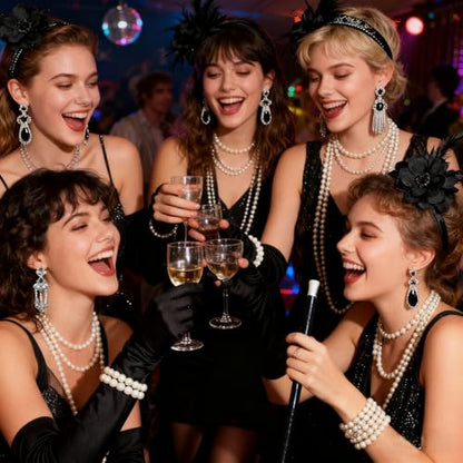 1920s Accessories for Women, Feather Headband Fashion Roaring 20's Theme Set, Pearl Necklace Jewelry Cigarette Rod Black