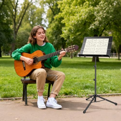 Portable Music Stand - Folding Sheet Music Stand & Book Stand with Carrying Bag, 3 in 1 Tri-fold Panel Metal Podium Stand Adjustable Height with Music Sheet Clip Holder