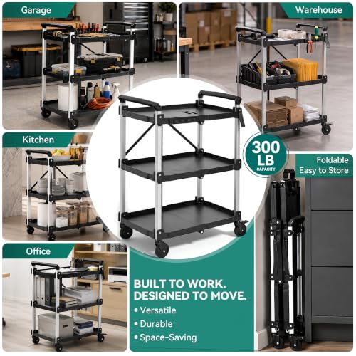 YITAHOME 3-Tier Large Folding Utility Cart w/Wheels(2 Brakes), 300lbs - size: 300 LBS with 31.1"L x 19.2"W x 41.3"H