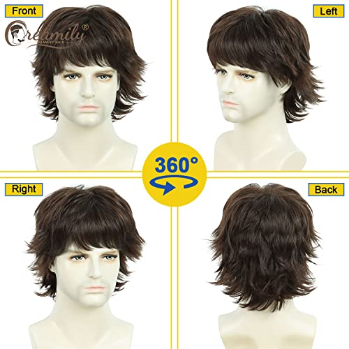 Creamily Mens Brown Wig Wolf Cut Mullet Wig Short Synthetic Hair Wigs Natural Looking Heat Resistant Fluffy Layered Mens Wigs for Halloween Cosplay Costume - color: H-Mullet Brown