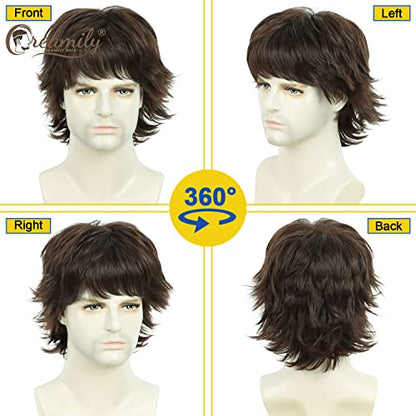 Creamily Mens Brown Wig Wolf Cut Mullet Wig Short Synthetic Hair Wigs Natural Looking Heat Resistant Fluffy Layered Mens Wigs for Halloween Cosplay Costume - color: H-Mullet Brown