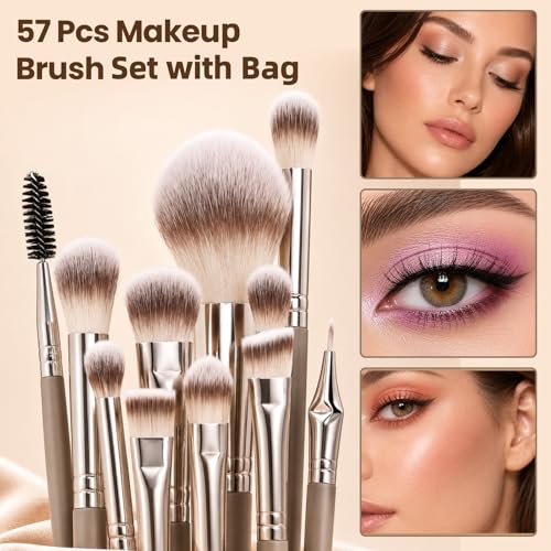 Makeup Brush Set, 57Pcs Multifunctional Makeup Brushes with Travel Case | Soft Synthetic Professional Makeup Brush Kit for Foundation Concealer Powder Blush Eyeshadow for Beginner&Beauty Enthusiast - color: Brown