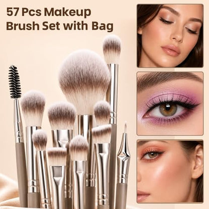 Makeup Brush Set, 57Pcs Multifunctional Makeup Brushes with Travel Case | Soft Synthetic Professional Makeup Brush Kit for Foundation Concealer Powder Blush Eyeshadow for Beginner&Beauty Enthusiast - color: Brown