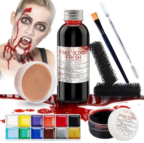 Professional Halloween SFX Special Effects Makeup Kits, Fake Blood, Scab Coagulated Blood Gel, 12 Colors Face Body Paint, Wound Modeling Scar Wax With Spatula Tool, Brushes, Stipple Sponge, Adhesive