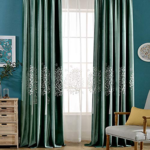 VOGOL Soft Flannel Trees Embroidered Grommet Curtains, Thermal Blackout Theater Curtain Panels, Room Darkening Drapes for Bedroom, 2 Pieces, 60 x 106 - color: Tree-green