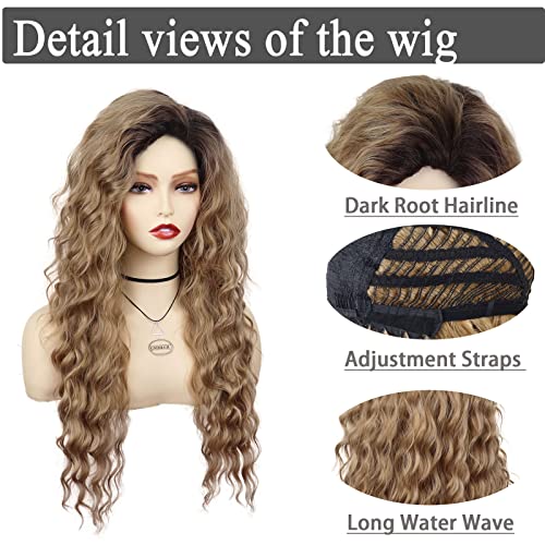 26 Inch Long Brown Curly Wigs for Women Black Roots Hairline 80s Retro Wig - color: Ombre Brown