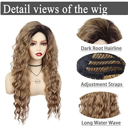 26 Inch Long Brown Curly Wigs for Women Black Roots Hairline 80s Retro Wig - color: Ombre Brown