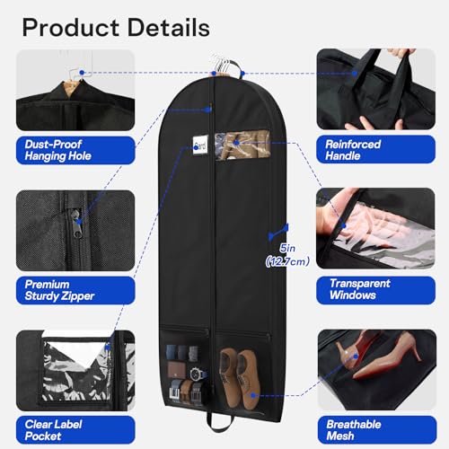 2 Pack Heavy Duty Garment Bags for Travel Suit Bags, Dress Bags, Garment Bags for Hanging Clothes with Pockets Men's Suit Holder for Cospaly, Shirts, Coats, Dresses (Black, 2Pack 54") - size: 2Pack 54"-2 Mesh Pockets