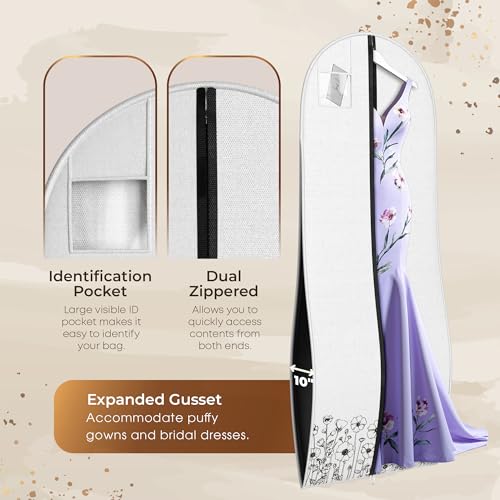 Your Bags Women’s Dress and Gown Garment Bag -72”x24” and 10” Tapered Gusset Prom Bags (Wildflower White) - color: Wildflower White