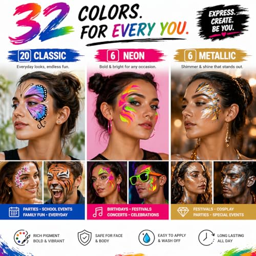 Jim&Gloria Face Paint Kit Bulk 32 Professional Face Painting Kit for Party, Metallic, Neon, Classic Makeup, Facepaint Crayons, Washable Body Paint Adults, Teenage Girls and Boys Christmas Gifts Crafts