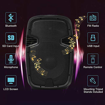 GOFLAME 2000W 2-Way Powered Speakers, 12" Portable Dual Speakers PA System with TWS Bluetooth, USB SD Card, AUX MP3 FM Radio, Microphone, 2 Tripod Stands, Remote Control and Cables