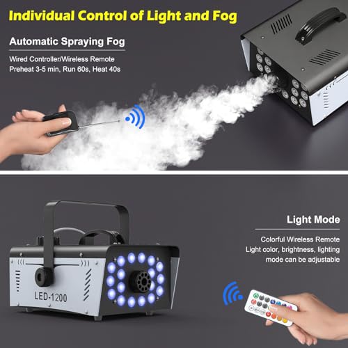 1200W Fog Machine Halloween Outdoor, 18 Lights 6000 CFM Smoke Machine Fog