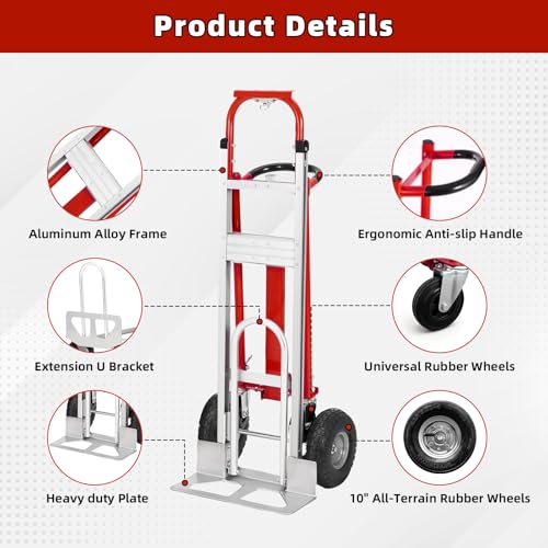Aluminum 4 in 1 Convertible Hand Truck Dolly, 1000Lbs Capacity, Heavy Duty Folding Hand Truck Dolly Cart with Wheels 10" All-Terrain Tires, Hand Trucks for Logistics, Home, Office, School, Red - color: Red