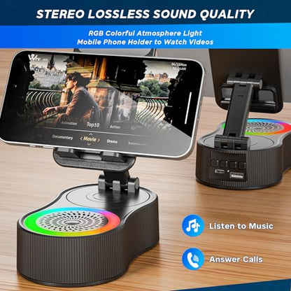 Cell Phone Stand with Bluetooth Speaker - Wireless Bluetooth Speaker with 360° Rotatable Phone Holder, Multifunctional Adjustable Stand with Charging Compatible with Tablet for Home Desk (Black) - color: Black