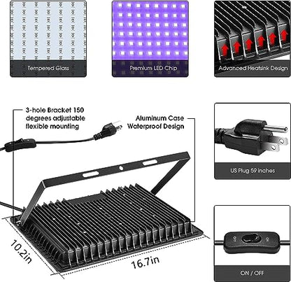 XYCN 4 Pack 500W LED Flood Black Lights,395nm to 405nm UV Outdoor Flood High Power Blacklight Light with Plug in, IP66 Waterproof Large Black Light Spotlight for Glow Party Large Space, Halloween - color: 4pack 500w Led Black Light