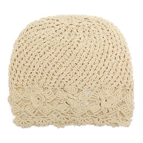 ZLYC Women Cotton Crochet Slouchy Beanie Hat Handmade Knit Summer Skull Cap | Lightweight breathable,boho casual chic look,travel photos festival party,café commute daily wear,beach concert gathering - color: Flowers Beige