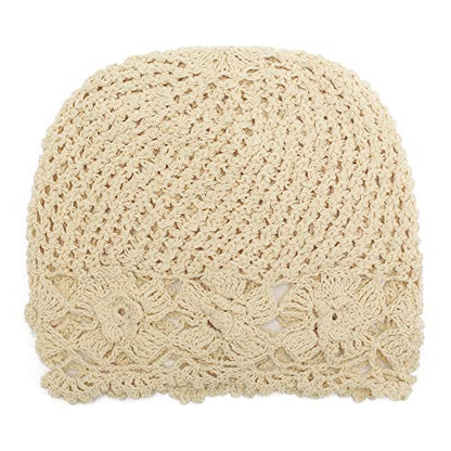 ZLYC Women Cotton Crochet Slouchy Beanie Hat Handmade Knit Summer Skull Cap | Lightweight breathable,boho casual chic look,travel photos festival party,café commute daily wear,beach concert gathering - color: Flowers Beige