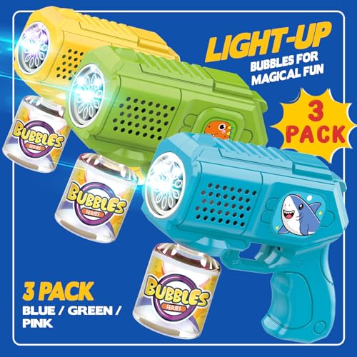 3 Pack Bubble Guns with Bubble Solution, Boys Girls Toys Gifts 3+ - color: Blue+green+yellow