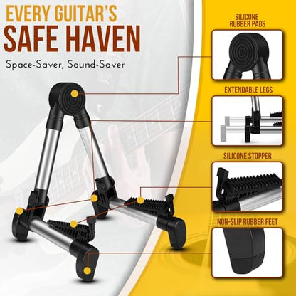 Flexzion Guitar Stand Folding Adjustable A-Frame Floor Portable Instrument Stand Rack Holder for Acoustic Electric Classical Guitar and Bass, Violin, Ukulele, Banjo, Mandolin Portable Lightweight | Portable Aluminum-Alloy Frame Weighs Less Than 1 Lb and F