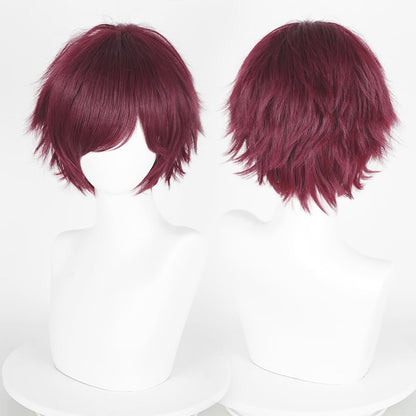 LABEAUTÉ Short Dark Red Anime Cosplay Wig Male Men Anime Layered Unisex Heat Resistant Hair Wig with Bangs for Party and Halloween for Gift + Free Cap - color: Dark Red