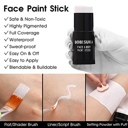 BOBISUKA White Face Paint Stick + Setting Powder+ 2 Paintbrushes Set, Clown Makeup Body Paint Eye Black Sticks for Sports, White Painting Kit for Halloween Skeleton Skull Special Effects SFX - color: White with Setting Powder & Brushes
