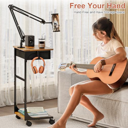 Floor Kindle Phone Tablet Stand with Drawer & Storage Shelves, Angle Height Adjustable Tablet Kindle Cell Phone Holder For Bed with Rotating Wheels, Compatible With 4.7"-13" Tablet iPone iPad Air Pro - size: 11.4"D x 15.4"W x 57.6"H
