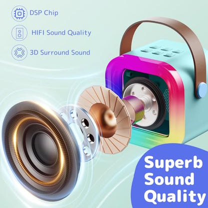 Karaoke Machine for Kids Adults, Mini Karaoke Machine with 2 Wireless Microphones, Portable Bluetooth Speaker with Voice Changing Effects & LED Lights, Best Gifts Toys for Girls and Boys - color: BLue