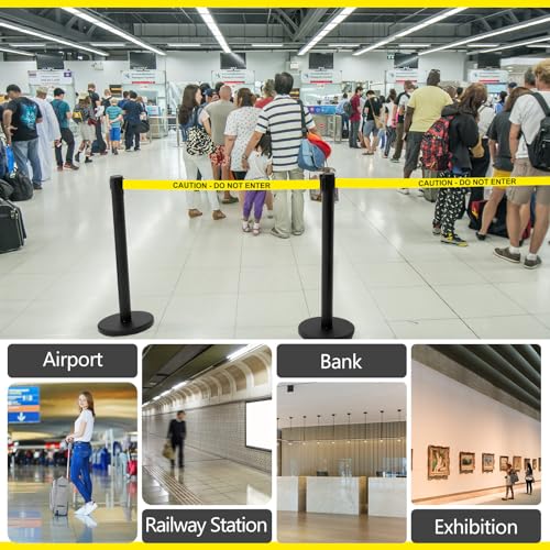 Therwen 6 Pack Heavy Duty Crowd Control Stanchions 9.8 ft Stainless Steel Stanchion Set with 6 Safety Barrier Post Retractable Belt and 1 Sign Holder Crowd Control Barrier(Caution Belt,Black) - color: Black, size: Caution Belt