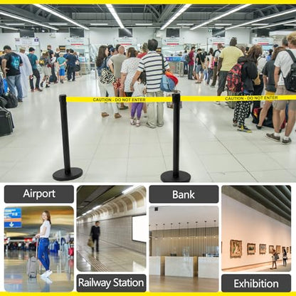 Therwen 6 Pack Heavy Duty Crowd Control Stanchions 9.8 ft Stainless Steel Stanchion Set with 6 Safety Barrier Post Retractable Belt and 1 Sign Holder Crowd Control Barrier(Caution Belt,Black) - color: Black, size: Caution Belt
