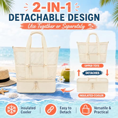 Bluboon Mesh Beach Tote Bag with Cooler Compartment Insulated Detachable Picnic Bag with Zipper and Pocket Pool Bag for Women - color: Solid Beige
