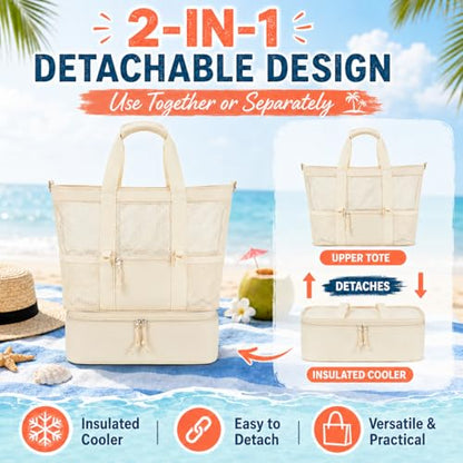 Bluboon Mesh Beach Tote Bag with Cooler Compartment Insulated Detachable Picnic Bag with Zipper and Pocket Pool Bag for Women - color: Solid Beige
