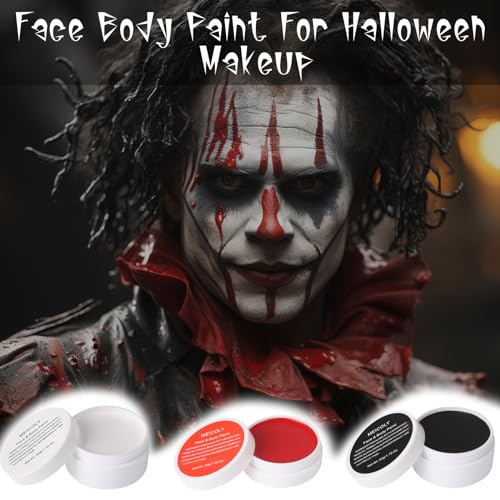 MEICOLY Clown Makeup Kit,White Black Red Face Body Paint for Halloween Devil Joker Zombie Vampire Skeleton SFX Makeup,Pro Oil Based Body Paint with 6 Painting Brushes,4 Sponges,130g/4.59 oz - color: Black White Red Face Paint