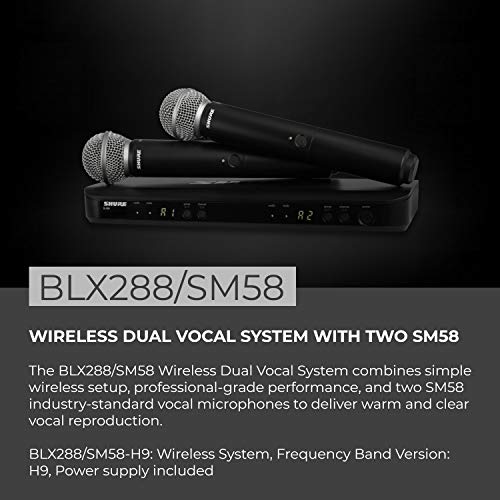Shure BLX288/SM58 Dual-Channel Wireless Audio System H9 Band (512–542 MHz) – BLX88 Receiver, (2) BLX2 Transmitters with SM58 Dynamic Mic, Up to 14 Hr Battery, 300 ft Range | BLX88 Receiver, (2) BLX2 Transmitters with SM58 Dynamic Mic, Up to 14 Hr Battery,