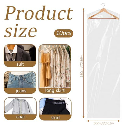 10Pcs Dry Cleaner Bags Plastic Clear Dress Bag 71-Inch Long Dry Cleaning Bag for Clothes, Plastic Garment Bags for Hanging Clothes, Long Dresses, Suits, Gowns, Dance Costumes, 60x180 cm