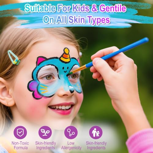 42 Color Face Painting Kit – Water Activated Facepaint Makeup Set | Non-Toxic Washable, Professional Face Paint with Stencils, Gems, Brushes– for Kids, Adults, Halloween, Costume, Party, Makeup