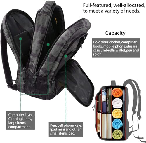 MATEIN Travel Computer Backpack, 15.6 Inch Sturdy College Laptop Bookbag | Lightweight Water Resistant, Anti Theft Back Pocket, Carry On Personal Item Bag, Casual Daypack Gift for Women Men - color: Grey and Black Camo, size: 15.6 Inch
