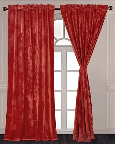 Chezmoi Collection Lux Brick Red Crushed Velvet Curtains 2 Panel Set - 84 inches Long Room Darkening Luxury Distressed Velvet Rod Pocket Window Drapes for Living Room Bedroom 50" W x 84" L - color: Brick Red