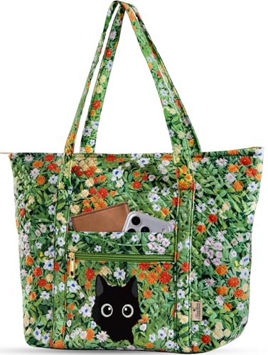 Miss Adola Quilted Shoulder Tote Bag with Zipper for Women | Multi-Pocket Storage, Quilted Cotton Texture, Large Capacity, Top Zipper Closure, 16 Inch Laptop Fit, Work Travel Teacher - color: Cats in Garden