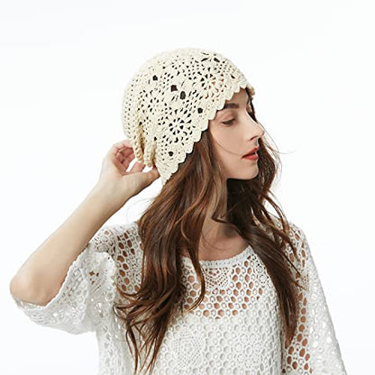 ZLYC Women Cotton Crochet Slouchy Beanie Hat Handmade Knit Summer Skull Cap | Lightweight breathable,boho casual chic look,travel photos festival party,café commute daily wear,beach concert gathering - color: Colour: Beige