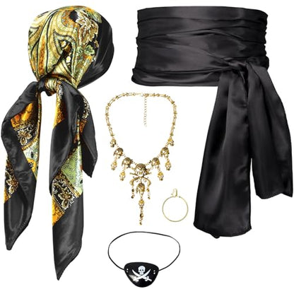 Women Pirate Costume Accessories Set|Headscarf Wrap Hat Sash Belt Cosplay Outfit With Stainless Steel Earring Necklace - style: 5 Pcs Pirate Set - Black Pirate Metal Necklace Set