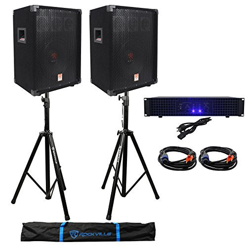 Rockville RSG10 10" PA Speaker Pair DJ Bundle with AX1200 Amplifier, Stands | 800W Peak / 300W RMS Total, 1200W 2-Channel Amp, RVSS2 Tripod Stands, 2 RSB17 Speakon Cables, Carry Case, 7-Items