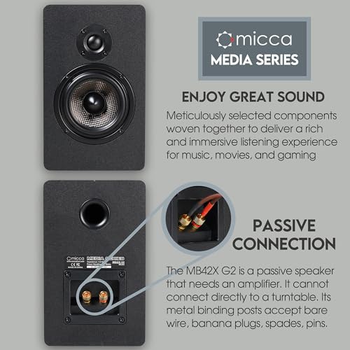 Micca MB42X G2 Premium 2-Way Passive Bookshelf Speakers, Stereo Pair, Black | Amplifier Required, Upgraded 4-Inch Carbon-Fiber Woofer, 0.75-Inch Silk-Dome Tweeter, Desktop, Home Theater, Surround Sound - style: MB42X G2 Bookshelf Speakers