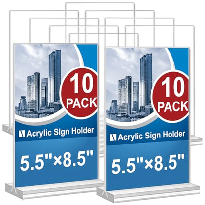 Acrylic Sign Holder 5.5 x 8.5, 10 Pack Double-Sided Stand up Table Top Clear Sign Holders, T Shape Plastic Acrylic Picture Frame Menu Flyer Paper Holder Display Stands for Office Store Wedding Party - size: Vertical 10 Pack 5.5x8.5''