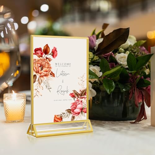 5x7 Gold Acrylic Sign Holder, 12 Pack Wedding Table Number Stands With Vertical Gold Borders, Double Sided Picture Frame Paper Stand, Clear Photo Display Menu for Party, Home, Restaurant - color: Vertical-12 Pack-5 x 7